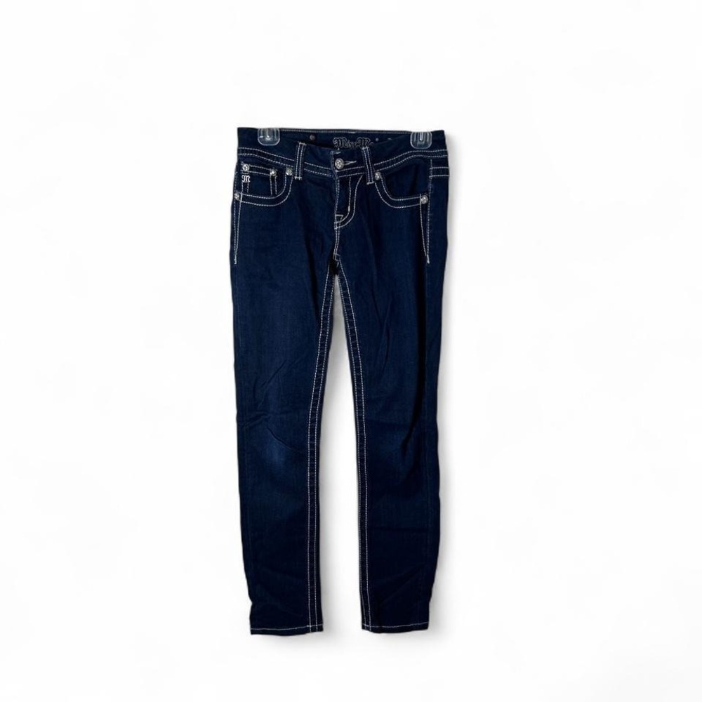 Miss Me navy blue low rise skinny jeans with white stitching Size 26